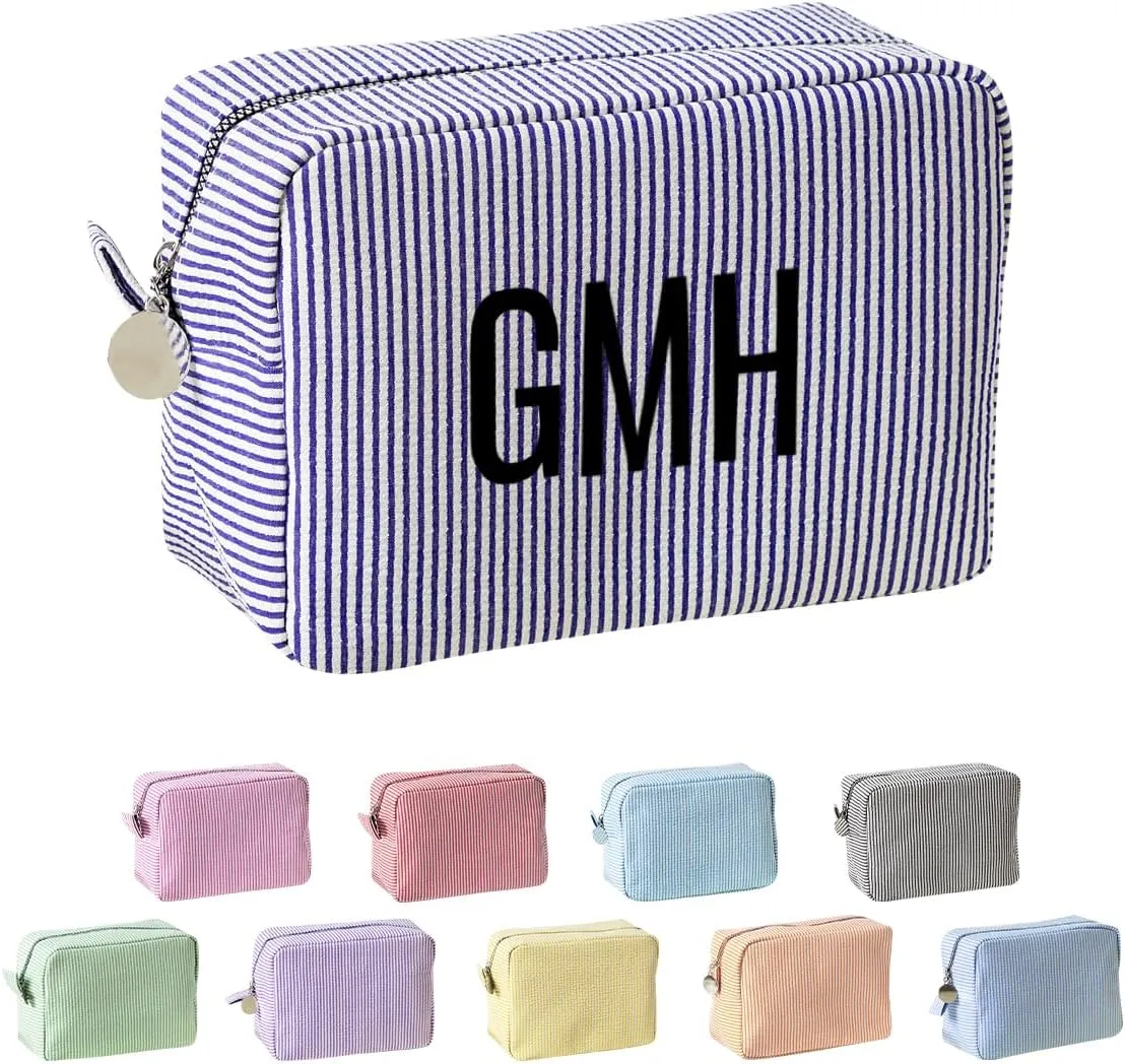 Ulico Personalized Cosmetic Bag Embroidered Name,Custom Monogrammed Makeup Bag，Seersucker Travel Toiletry Bag for Women Girls