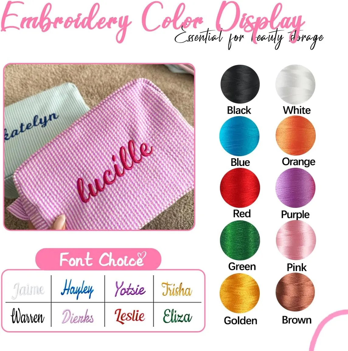 Ulico Personalized Cosmetic Bag Embroidered Name,Custom Monogrammed Makeup Bag，Seersucker Travel Toiletry Bag for Women Girls
