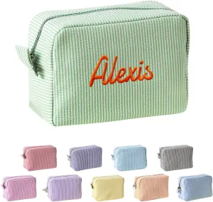 Ulico Personalized Cosmetic Bag Embroidered Name,Custom Monogrammed Makeup Bag，Seersucker Travel Toiletry Bag for Women Girls