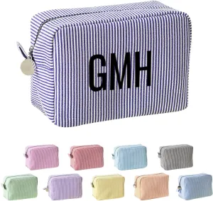Ulico Personalized Cosmetic Bag Embroidered Name,Custom Monogrammed Makeup Bag，Seersucker Travel Toiletry Bag for Women Girls