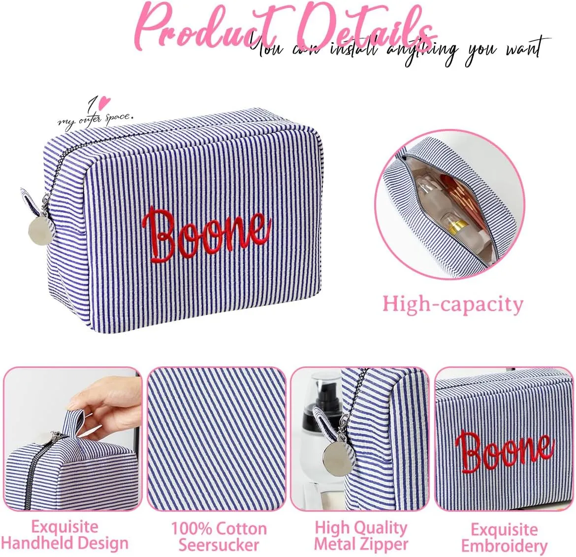 Ulico Personalized Cosmetic Bag Embroidered Name,Custom Monogrammed Makeup Bag，Seersucker Travel Toiletry Bag for Women Girls