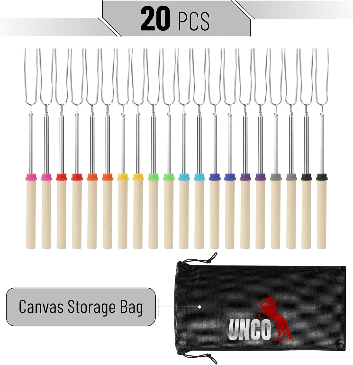 UNCO- Marshmallow Roasting Sticks, 20 Pack, 32”, Extendable Stainless Steel Smores Sticks for Fire Pit, Marshmallow Sticks for Fire Pit, Smores Skewers, Campfire Cooking Equipment, Smore Sticks