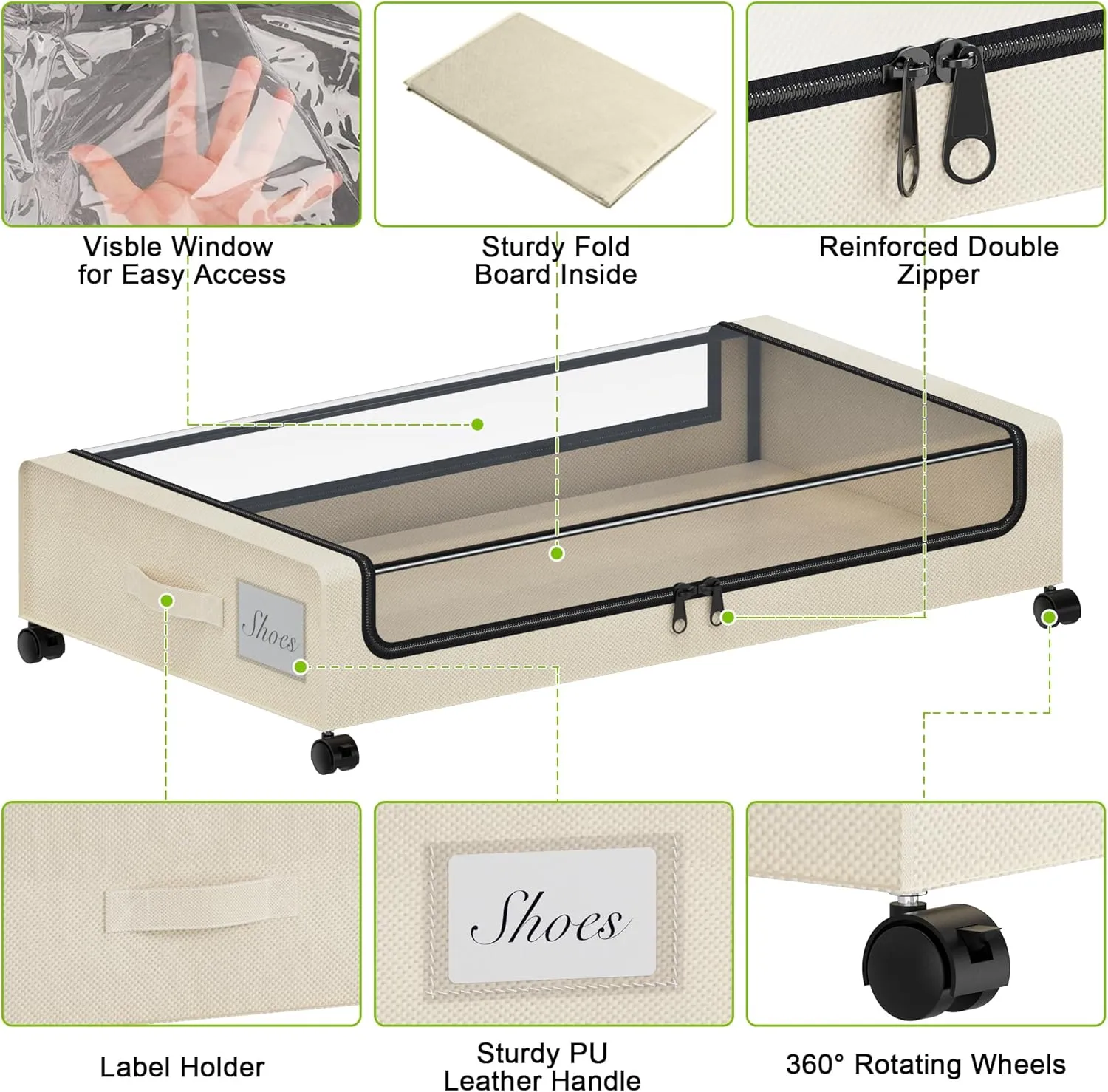 Under Bed Storage with Wheels, XXL 60L Under the Bed Storage Bins, Underbed Storage Containers with Lids & Label, Rolling Metal Drawer for Shoes, Clothes, Books, Toys (4-Pack Beige)