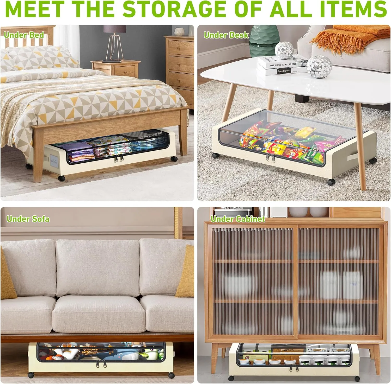 Under Bed Storage with Wheels, XXL 60L Under the Bed Storage Bins, Underbed Storage Containers with Lids & Label, Rolling Metal Drawer for Shoes, Clothes, Books, Toys (4-Pack Beige)