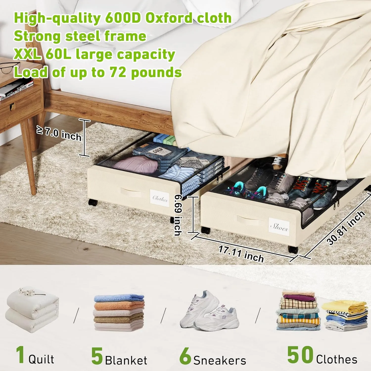 Under Bed Storage with Wheels, XXL 60L Under the Bed Storage Bins, Underbed Storage Containers with Lids & Label, Rolling Metal Drawer for Shoes, Clothes, Books, Toys (4-Pack Beige)