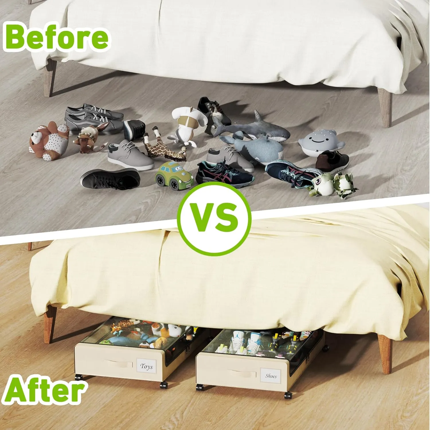 Under Bed Storage with Wheels, XXL 60L Under the Bed Storage Bins, Underbed Storage Containers with Lids & Label, Rolling Metal Drawer for Shoes, Clothes, Books, Toys (4-Pack Beige)