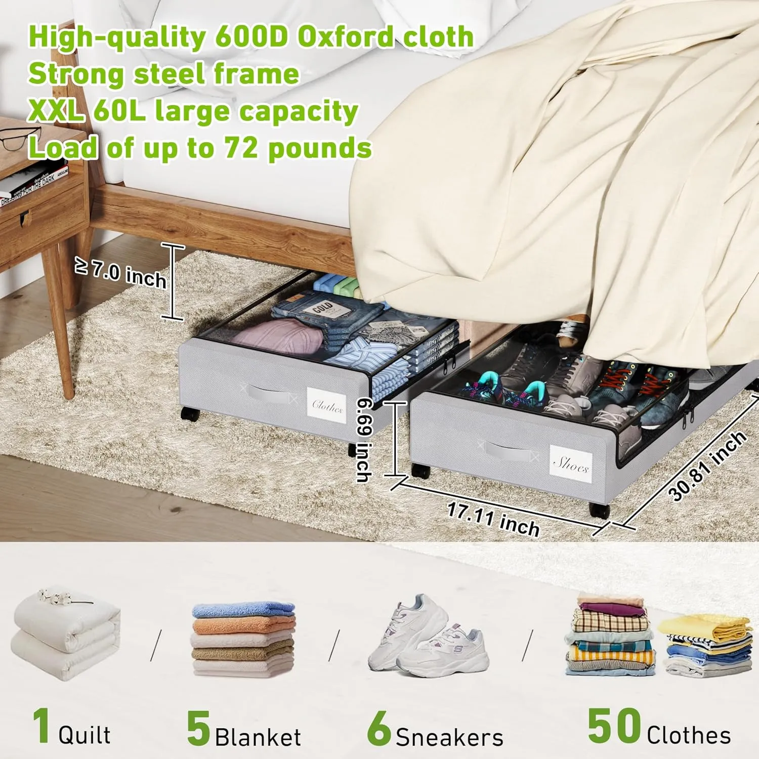 Under Bed Storage with Wheels, XXL 60L Under the Bed Storage Bins, Underbed Storage Containers with Lids & Label, Rolling Metal Drawer for Shoes, Clothes, Books, Toys (4-Pack Gray)