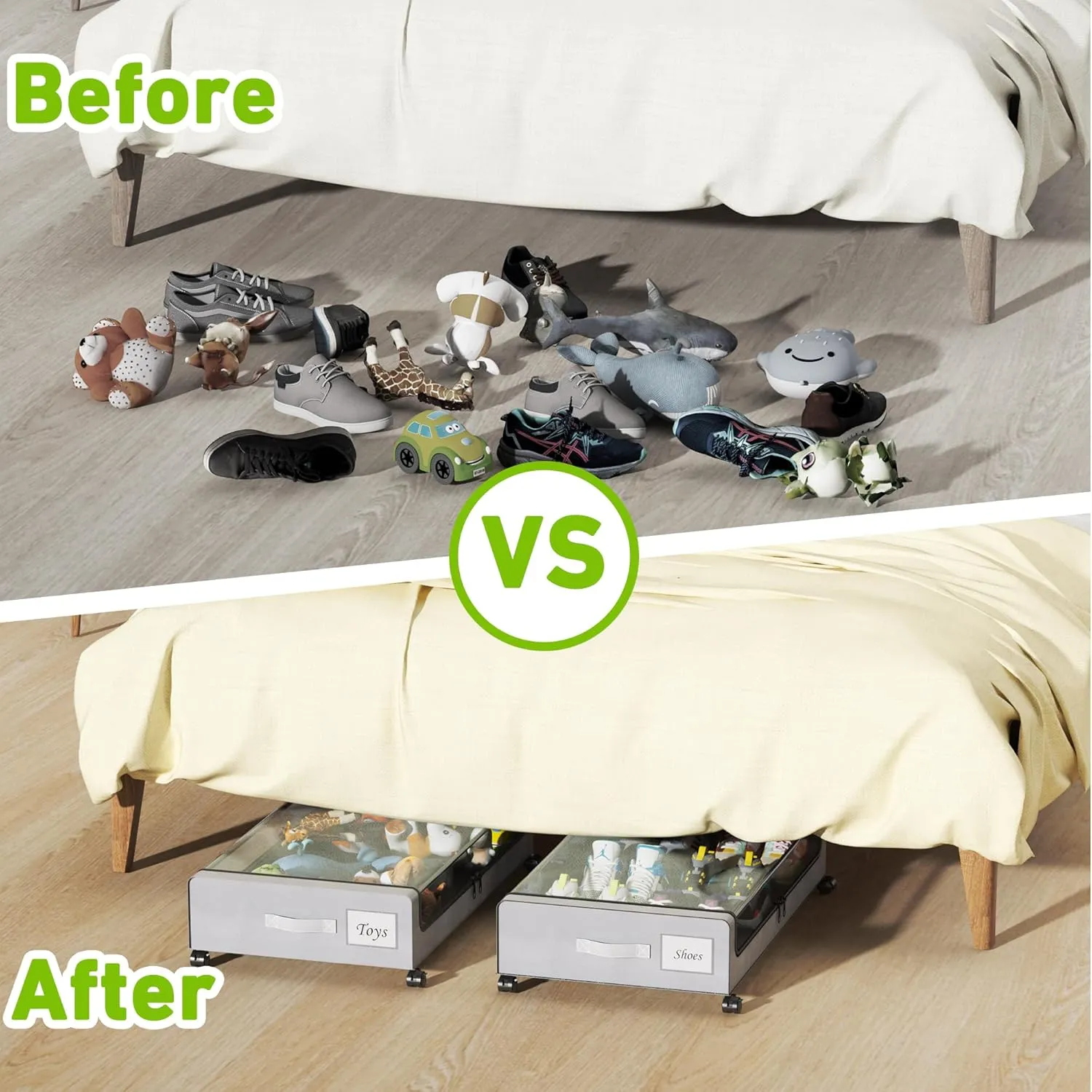 Under Bed Storage with Wheels, XXL 60L Under the Bed Storage Bins, Underbed Storage Containers with Lids & Label, Rolling Metal Drawer for Shoes, Clothes, Books, Toys (4-Pack Gray)