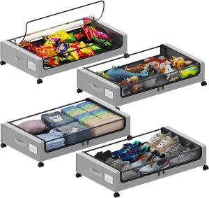 Under Bed Storage with Wheels, XXL 60L Under the Bed Storage Bins, Underbed Storage Containers with Lids & Label, Rolling Metal Drawer for Shoes, Clothes, Books, Toys (4-Pack Gray)