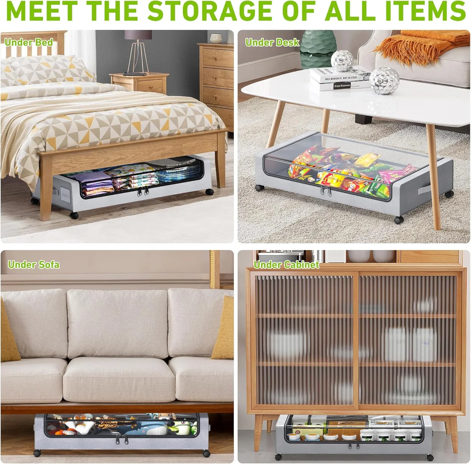 Under Bed Storage with Wheels, XXL 60L Under the Bed Storage Bins, Underbed Storage Containers with Lids & Label, Rolling Metal Drawer for Shoes, Clothes, Books, Toys (4-Pack Gray)