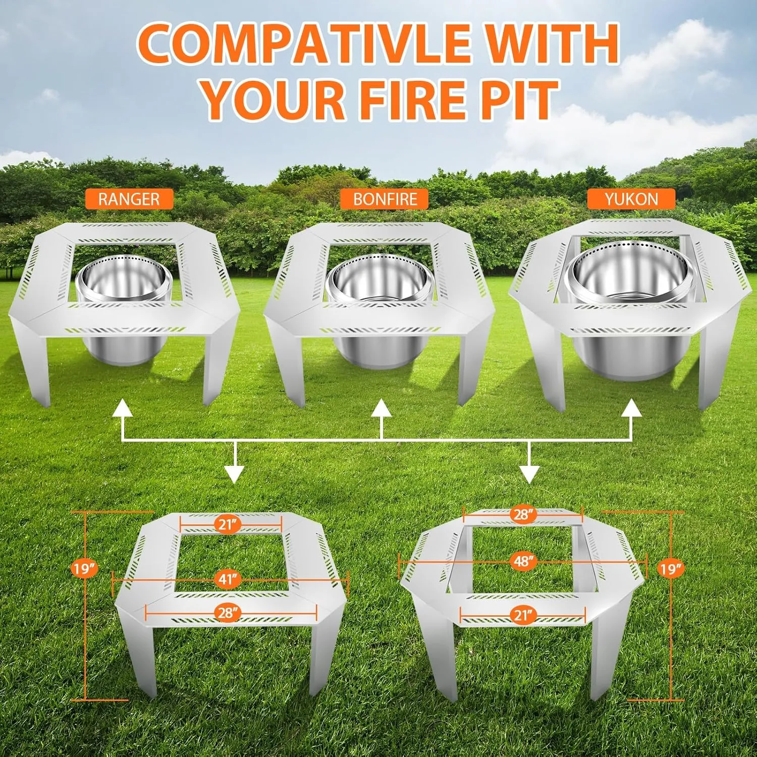 Uniflasy Adjustable Stainless Steel Fire Pit Surround Table, 41" & 48" Options for Solo Stove Yukon, Bonfire, Ranger & TIKI Fire Pits, 2-in-1 Design,Durable Tabletop, Safe & Spacious Outdoor Accessory
