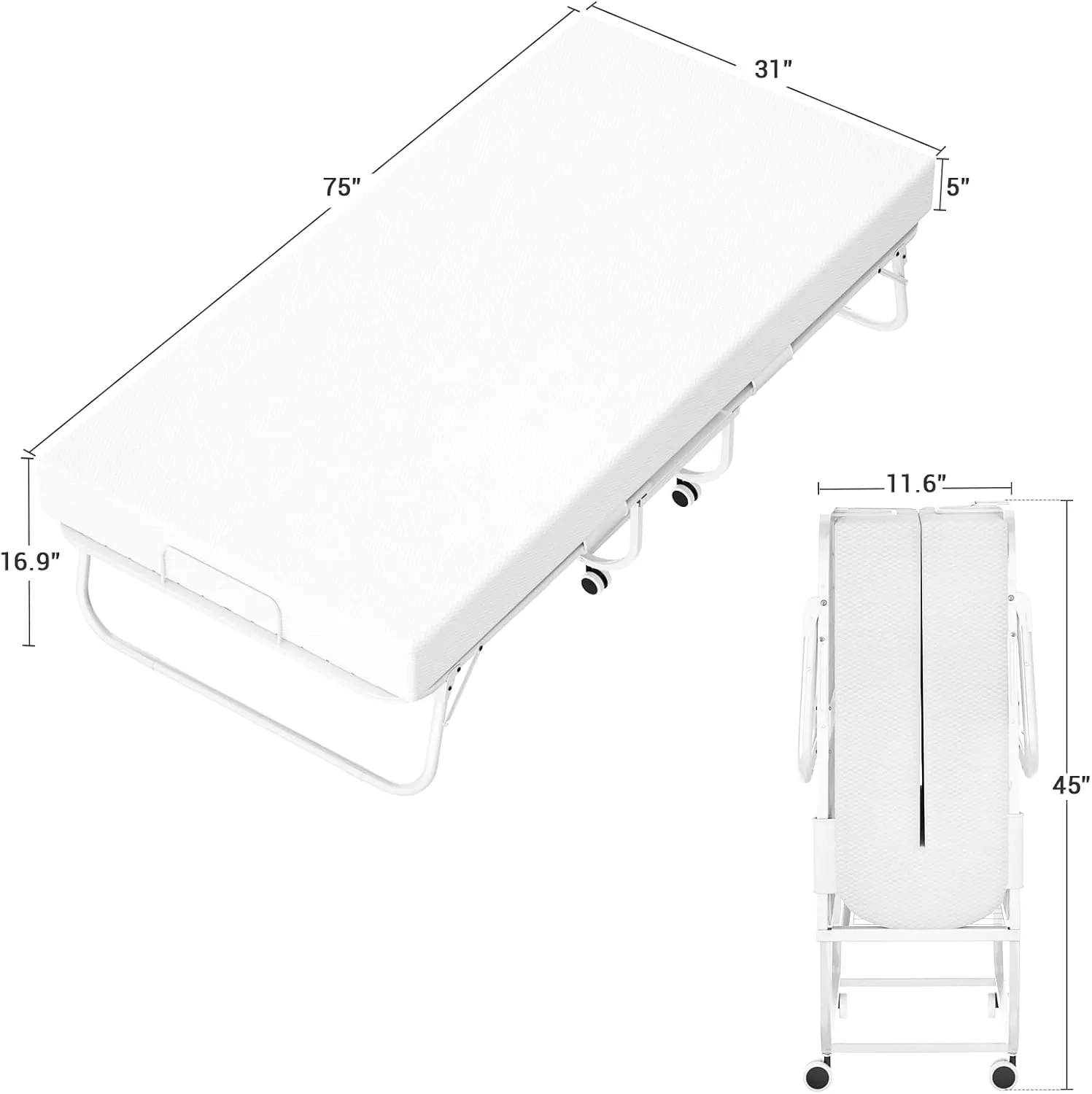 Unikito Folding Bed with Mattress for Adults, Portable Rollaway Guest Bed, Cot Size Foldable Bed with Memory Foam Mattress and Metal Frame, Roll Away Bed Storage Cover Included, 75 x 31 Inch, White