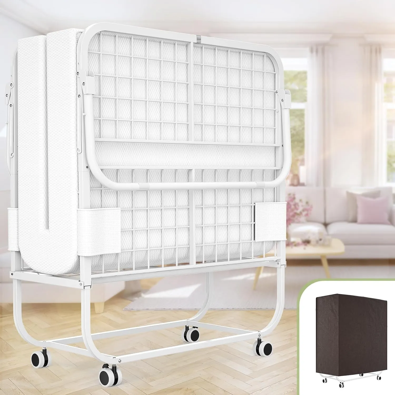 Unikito Folding Bed with Mattress for Adults, Portable Rollaway Guest Bed, Cot Size Foldable Bed with Memory Foam Mattress and Metal Frame, Roll Away Bed Storage Cover Included, 75 x 31 Inch, White