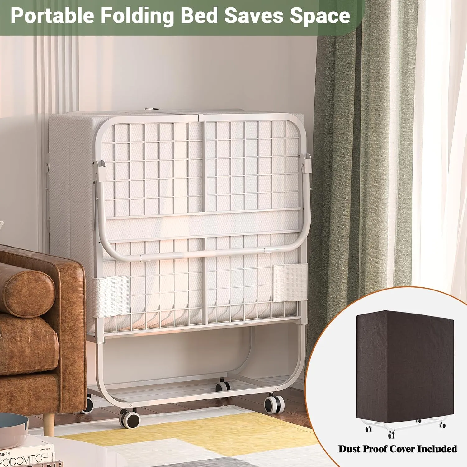 Unikito Folding Bed with Mattress for Adults, Portable Rollaway Guest Bed, Cot Size Foldable Bed with Memory Foam Mattress and Metal Frame, Roll Away Bed Storage Cover Included, 75 x 31 Inch, White