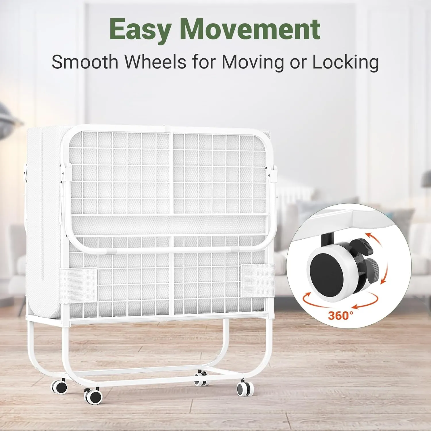Unikito Folding Bed with Mattress for Adults, Portable Rollaway Guest Bed, Cot Size Foldable Bed with Memory Foam Mattress and Metal Frame, Roll Away Bed Storage Cover Included, 75 x 31 Inch, White