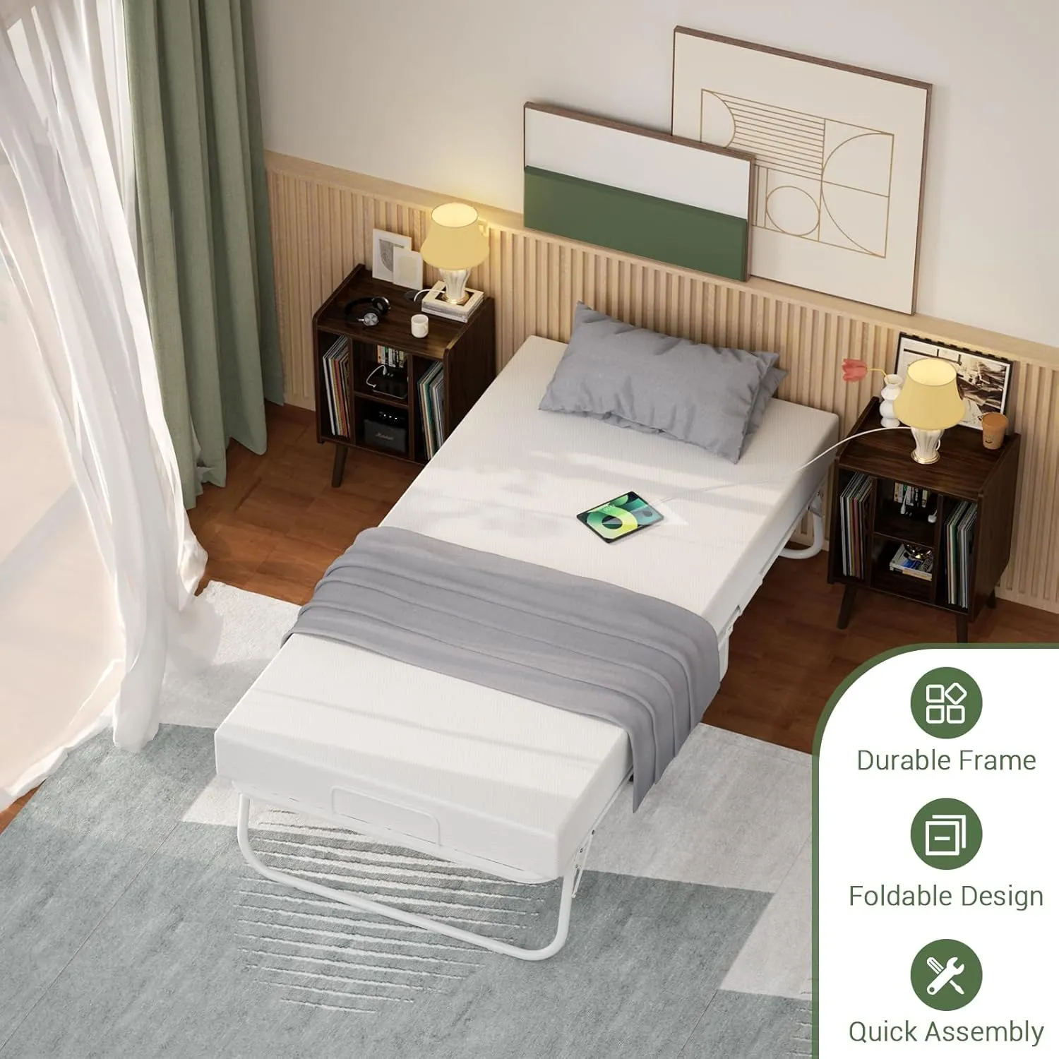 Unikito Folding Bed with Mattress for Adults, Portable Rollaway Guest Bed, Cot Size Foldable Bed with Memory Foam Mattress and Metal Frame, Roll Away Bed Storage Cover Included, 75 x 31 Inch, White