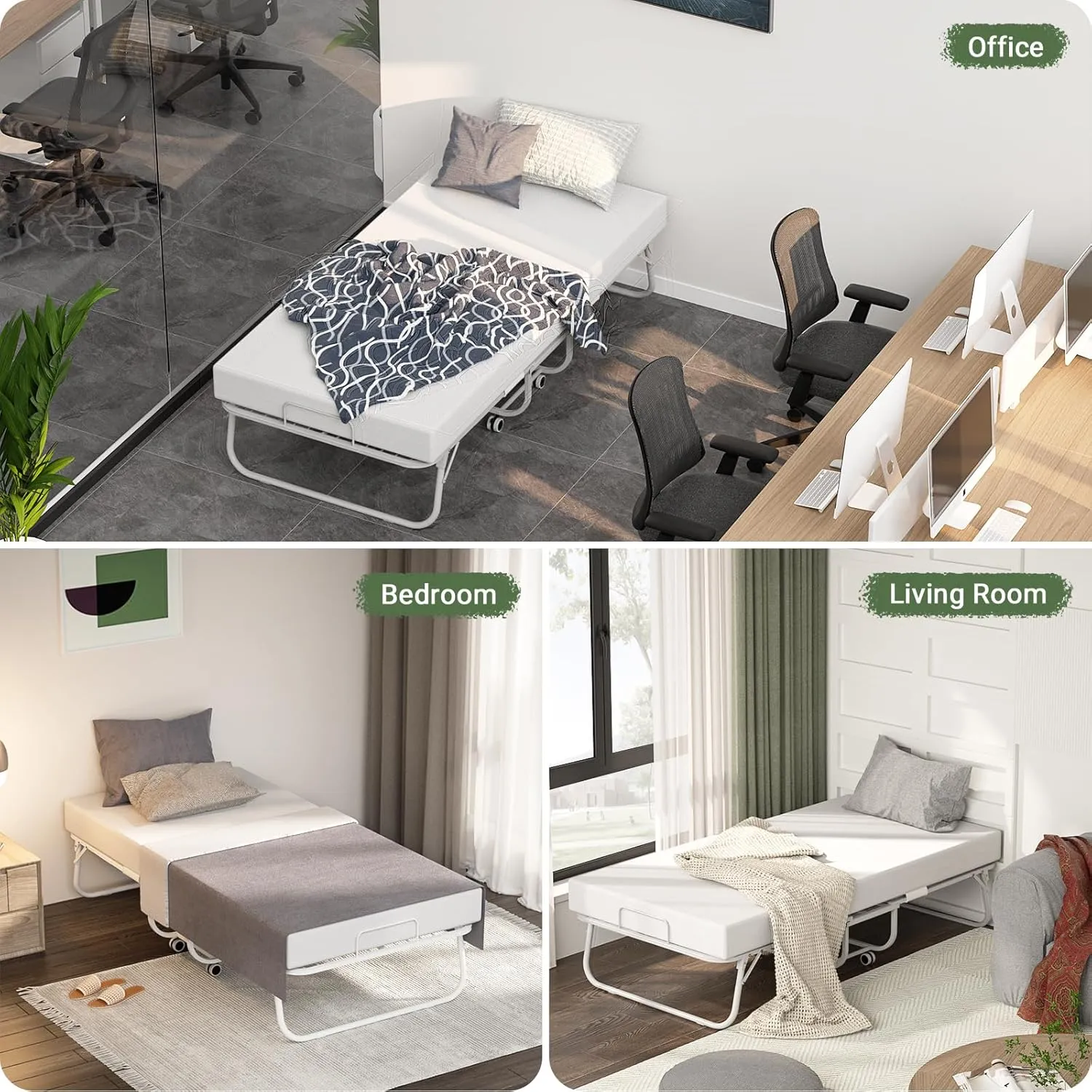 Unikito Folding Bed with Mattress for Adults, Portable Rollaway Guest Bed, Cot Size Foldable Bed with Memory Foam Mattress and Metal Frame, Roll Away Bed Storage Cover Included, 75 x 31 Inch, White