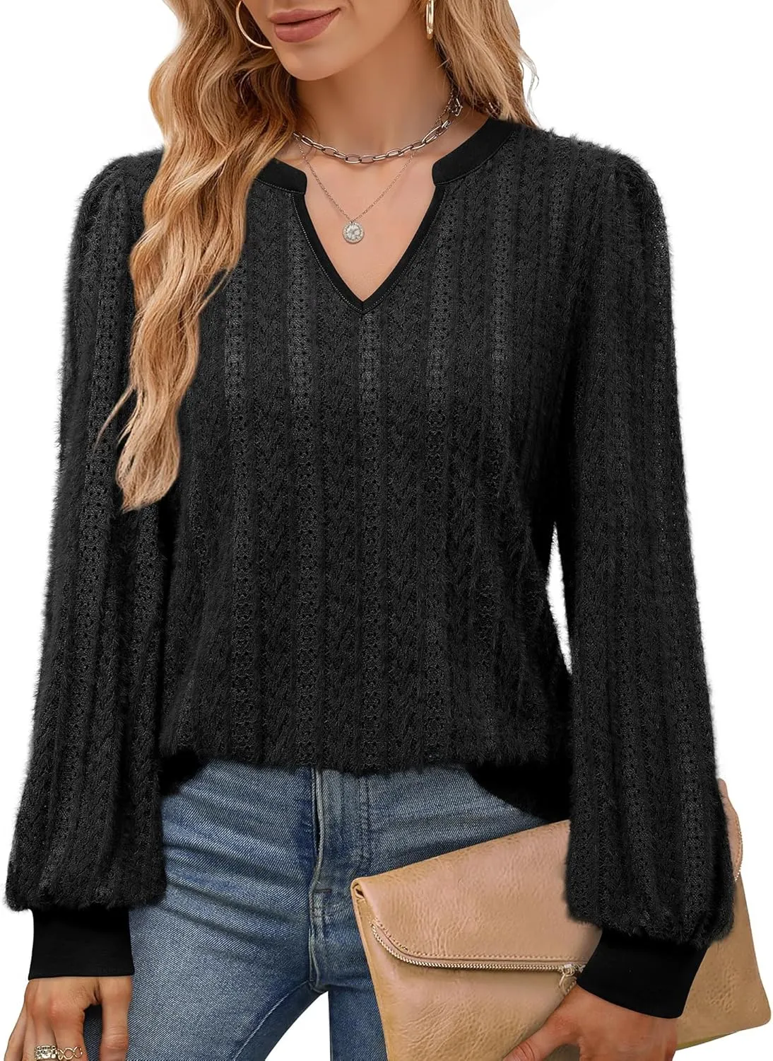 Unixseque Long Sleeve Shirts for Women V Neck Casual Blouses Knit Pullover Tunic Tops