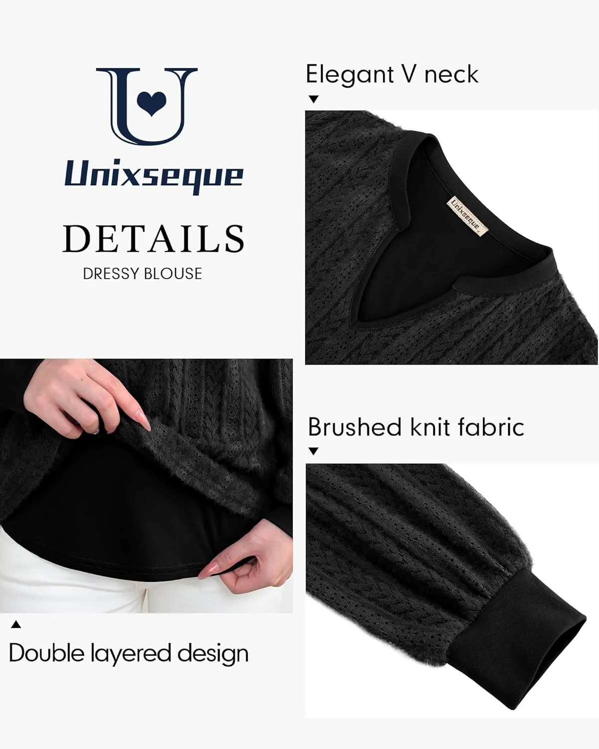 Unixseque Long Sleeve Shirts for Women V Neck Casual Blouses Knit Pullover Tunic Tops