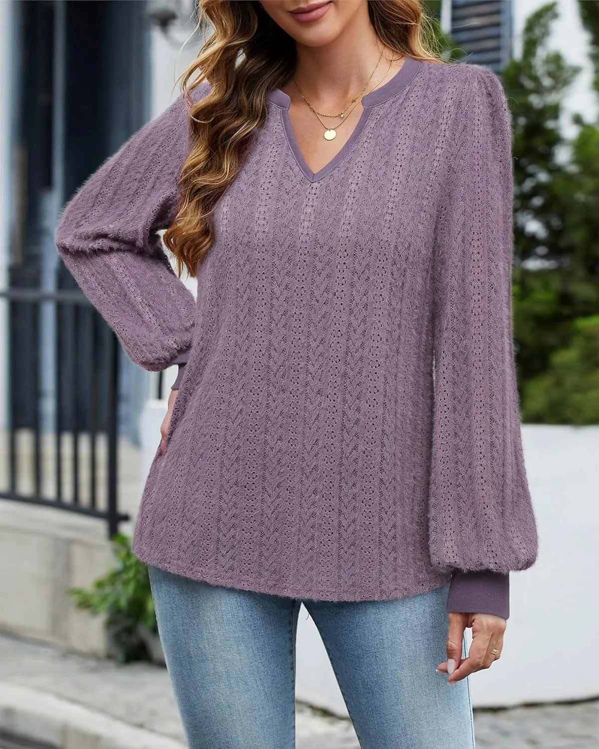 Unixseque Long Sleeve Shirts for Women V Neck Casual Blouses Knit Pullover Tunic Tops