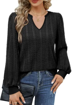 Unixseque Long Sleeve Shirts for Women V Neck Casual Blouses Knit Pullover Tunic Tops