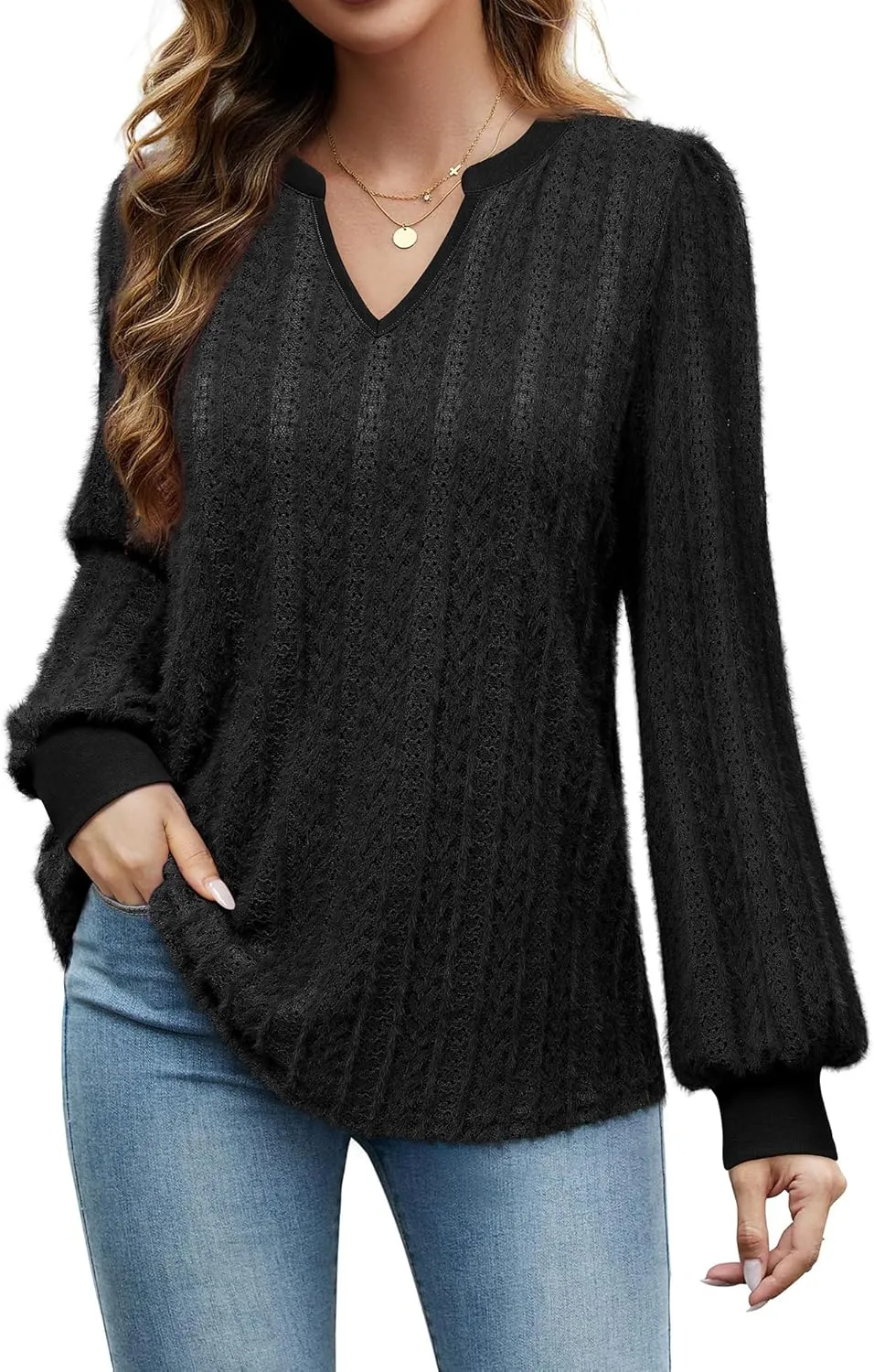 Unixseque Long Sleeve Shirts for Women V Neck Casual Blouses Knit Pullover Tunic Tops