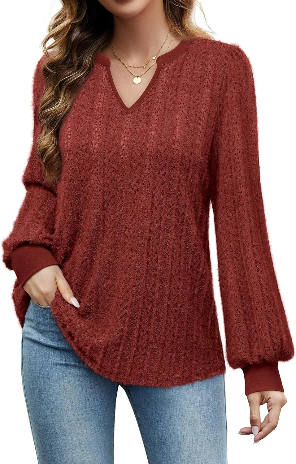 Unixseque Long Sleeve Shirts for Women V Neck Casual Blouses Knit Pullover Tunic Tops