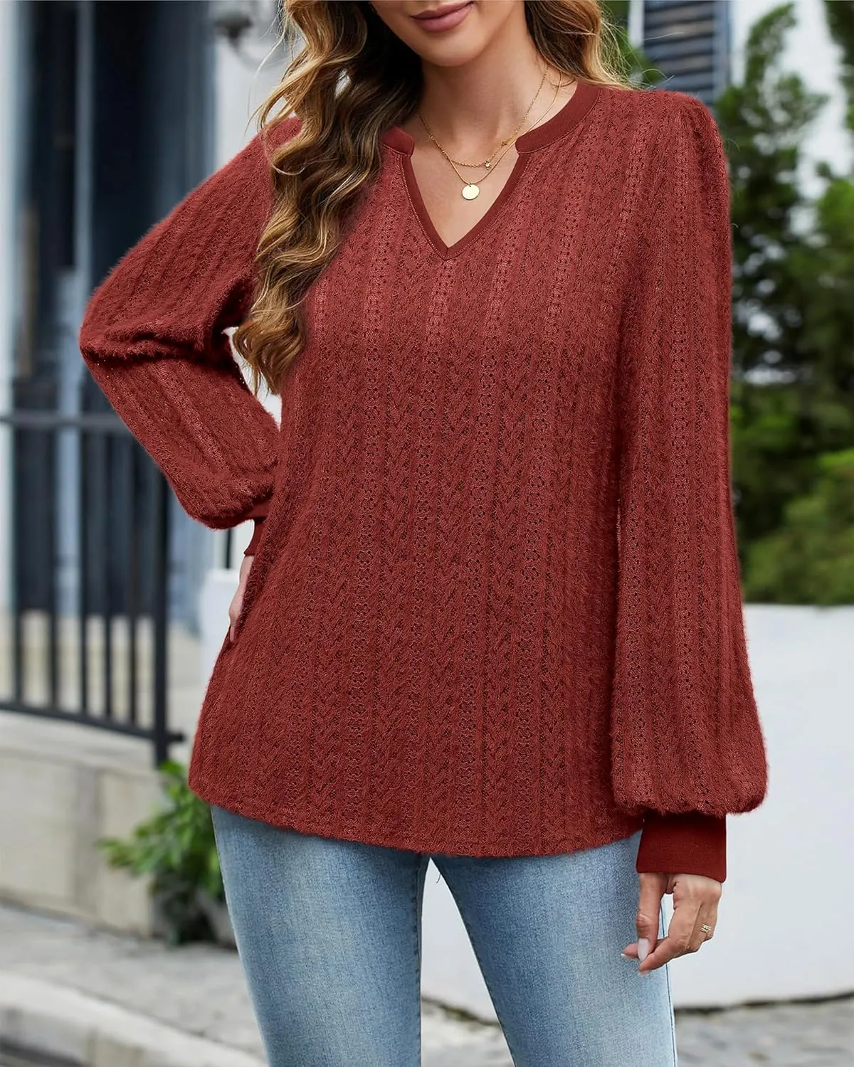 Unixseque Long Sleeve Shirts for Women V Neck Casual Blouses Knit Pullover Tunic Tops