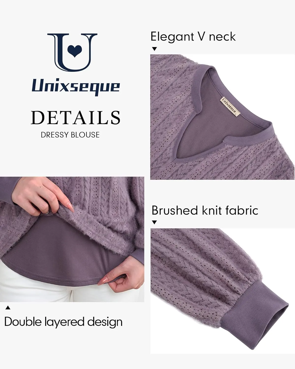 Unixseque Long Sleeve Shirts for Women V Neck Casual Blouses Knit Pullover Tunic Tops