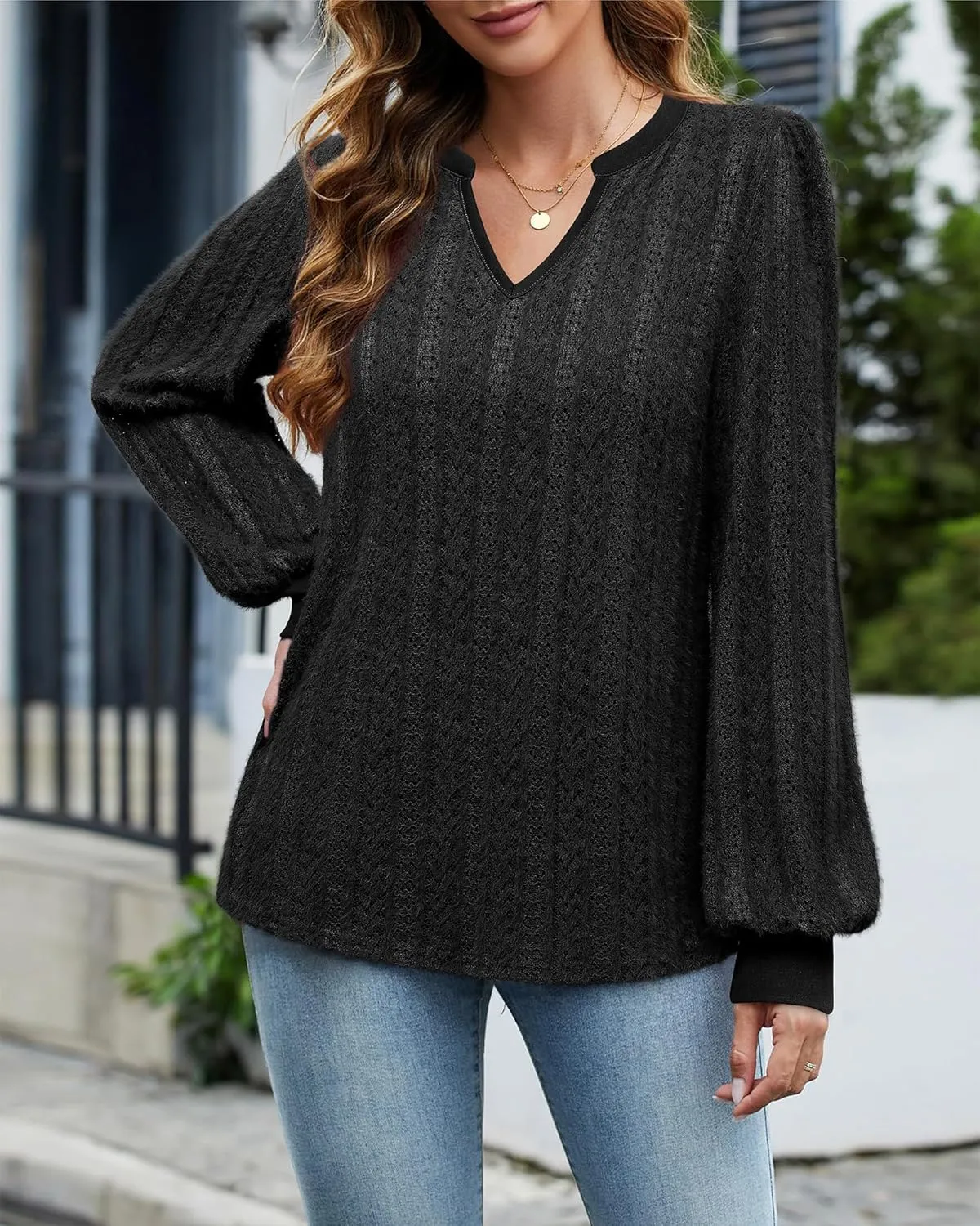 Unixseque Long Sleeve Shirts for Women V Neck Casual Blouses Knit Pullover Tunic Tops