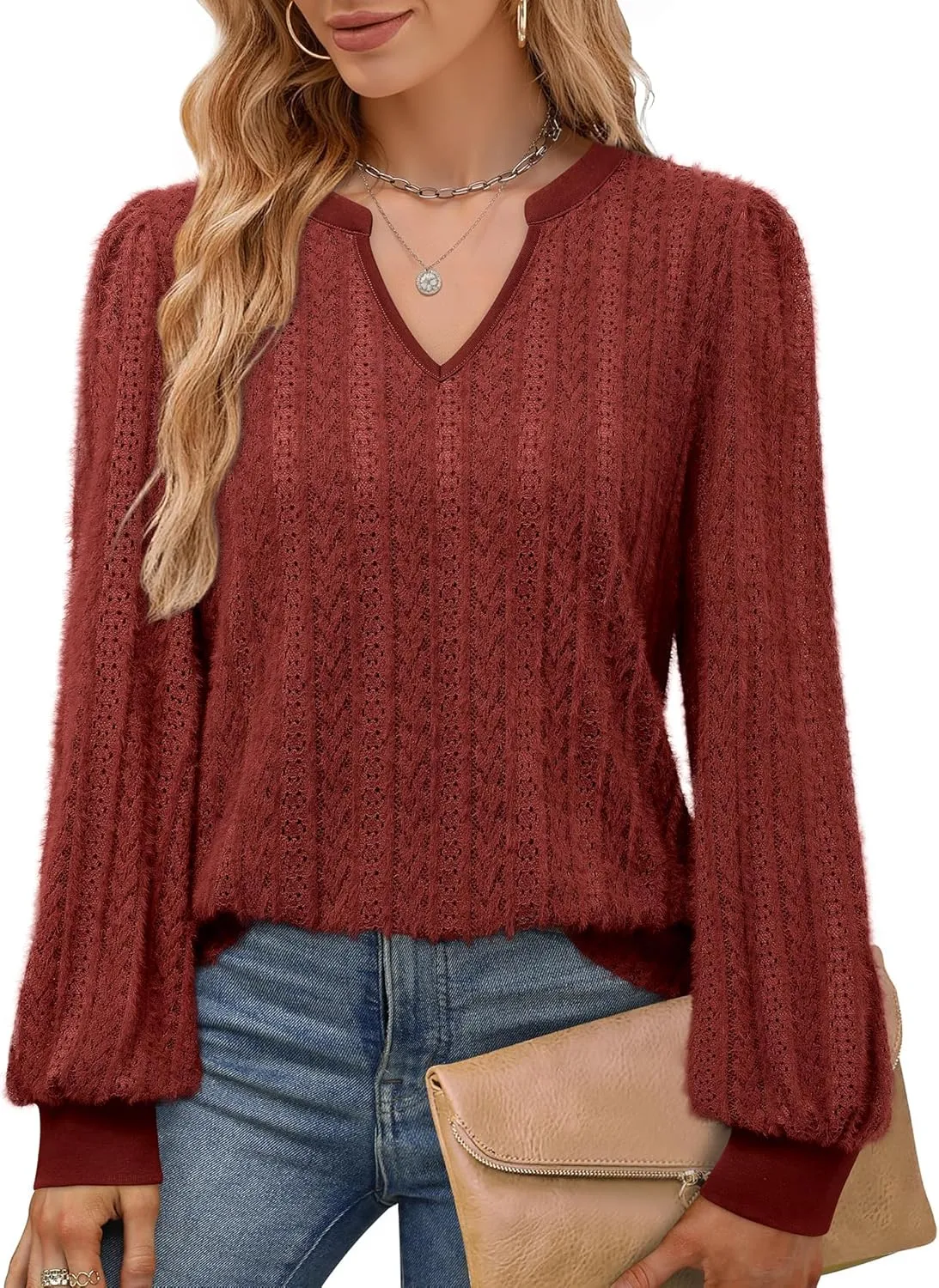 Unixseque Long Sleeve Shirts for Women V Neck Casual Blouses Knit Pullover Tunic Tops