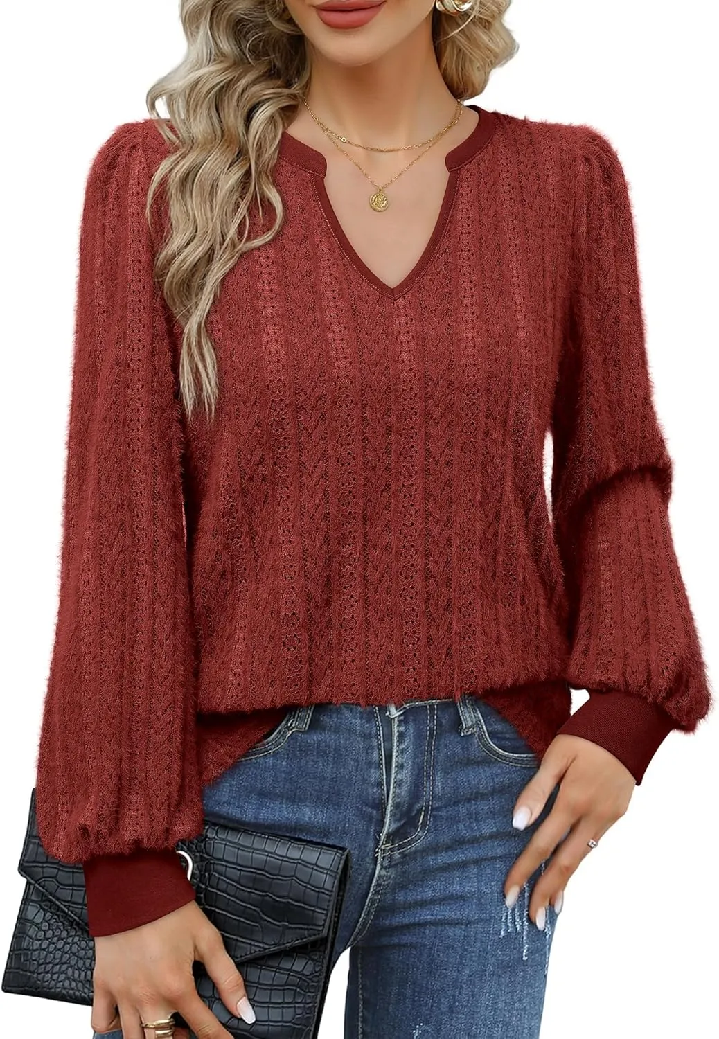 Unixseque Long Sleeve Shirts for Women V Neck Casual Blouses Knit Pullover Tunic Tops