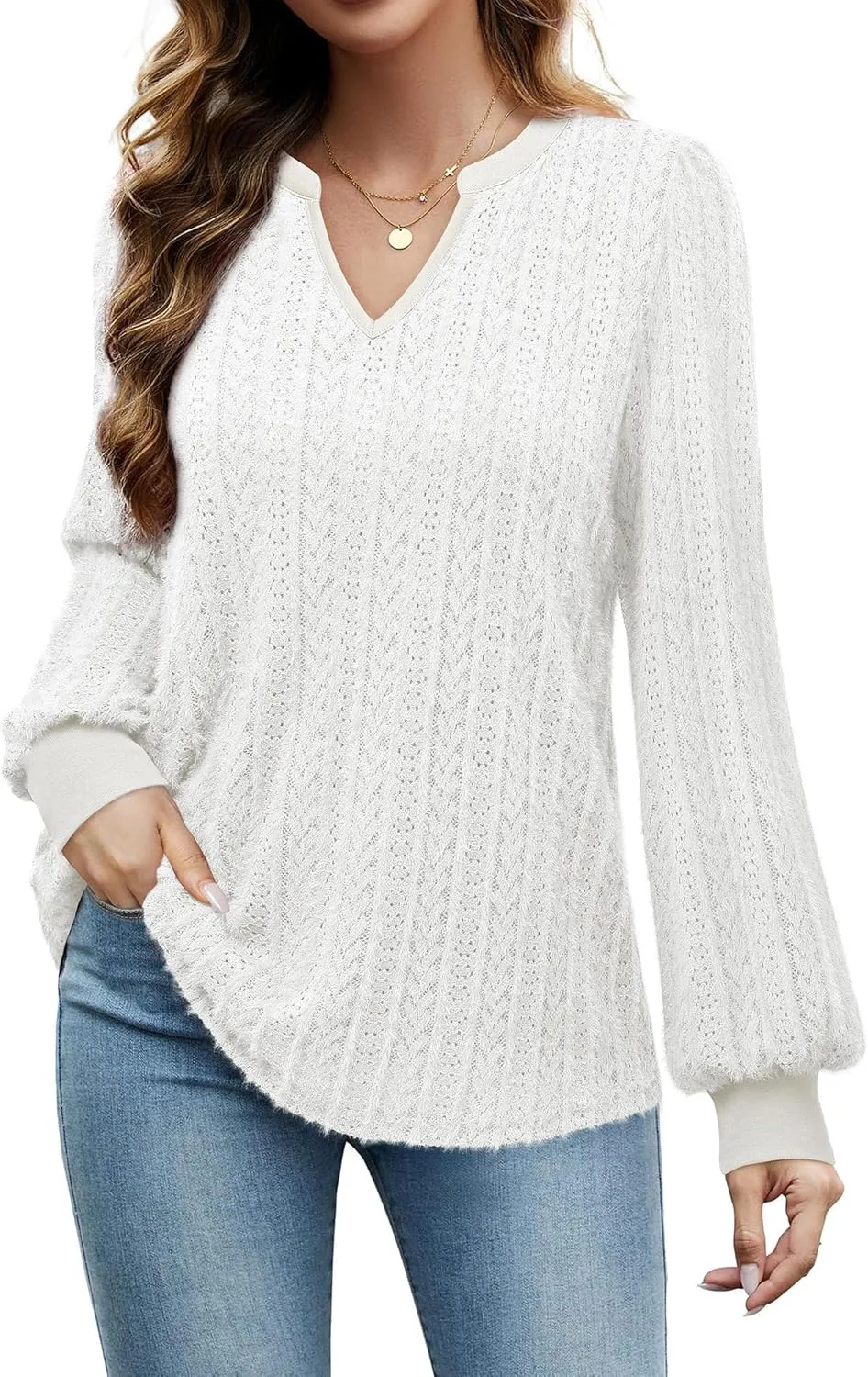 Unixseque Long Sleeve Shirts for Women V Neck Casual Blouses Knit Pullover Tunic Tops