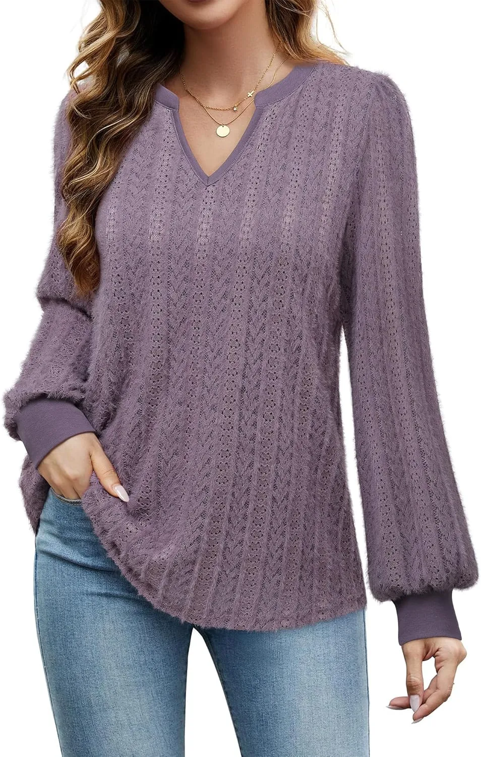 Unixseque Long Sleeve Shirts for Women V Neck Casual Blouses Knit Pullover Tunic Tops