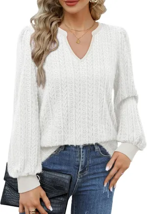 Unixseque Long Sleeve Shirts for Women V Neck Casual Blouses Knit Pullover Tunic Tops