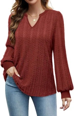 Unixseque Long Sleeve Shirts for Women V Neck Casual Blouses Knit Pullover Tunic Tops