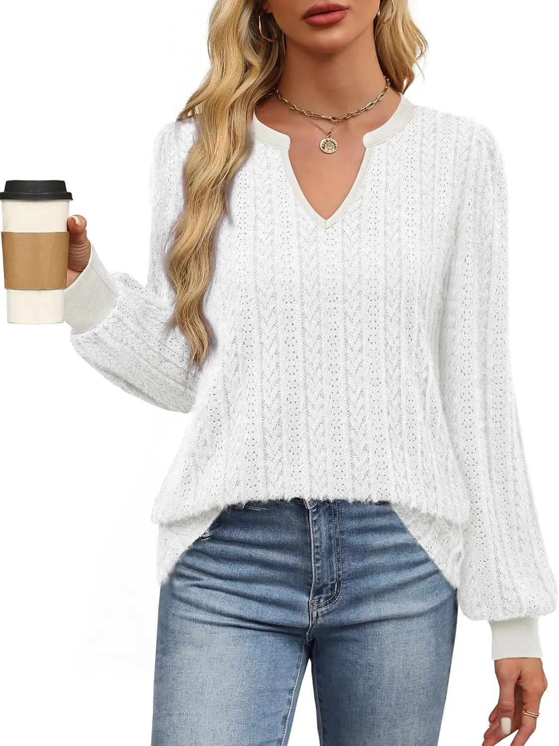 Unixseque Long Sleeve Shirts for Women V Neck Casual Blouses Knit Pullover Tunic Tops