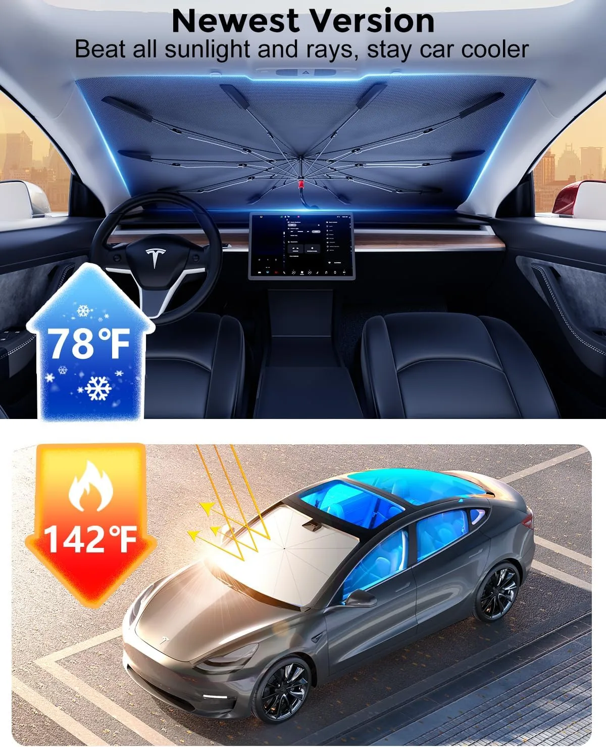[Upgrade] DMJN Umbrella Windshield Sun Shade, [Nano-Ice-Crystal Coatings] Umbrella Sunshade for Car - Protect Interior from UV & Keep Car Cooler (Large)
