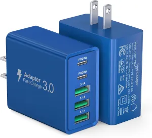 USB C Wall Charger, 50W USB C Charger Block 2-Pack 5-Port PD Fast Charging Blocks,Multiport 2USB C 3USB A Plug,Type C Power Adapter Brick Cube for iPhone 16/15/14/13,Samsung,for Switch（Dark Blue）