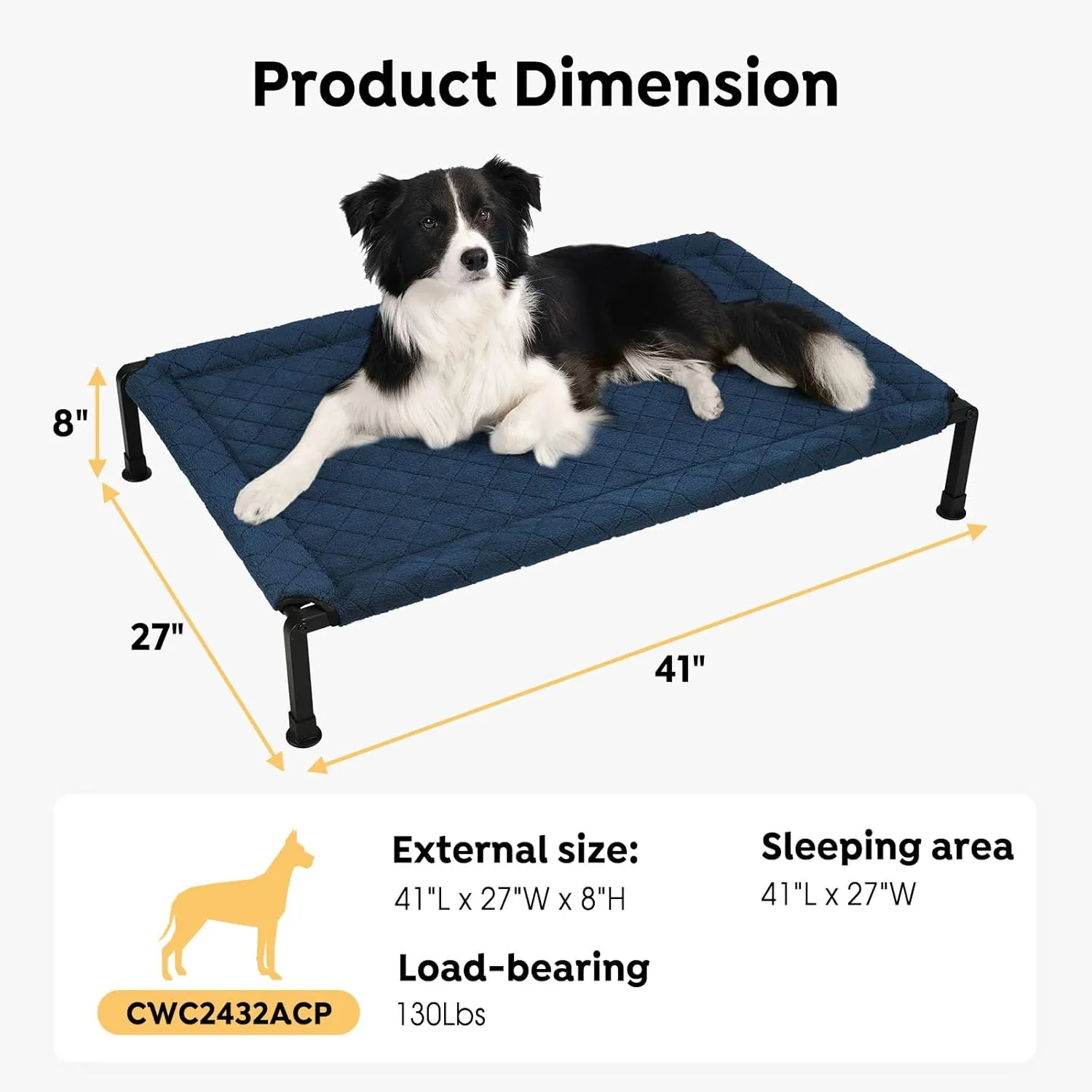 Veehoo Warm Plush Elevated Dog Bed, Raised Pet Cot with Heavy Duty Frame, Non-Slip Silicon Feet, Washable & Breathable Dog Cot Bed, Pet Bed for Indoor or Outdoor Use, 41" x 27", Navy Blue, CWC2432A