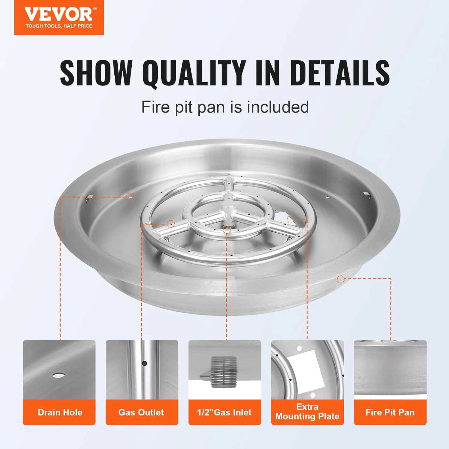 VEVOR 19 inch Round Drop-in Fire Pit Pan, Stainless Steel Fire Pit Burner, Propane Gas Fire Pan 92,000 BTU with Lid, for Indoor or Outdoor Use
