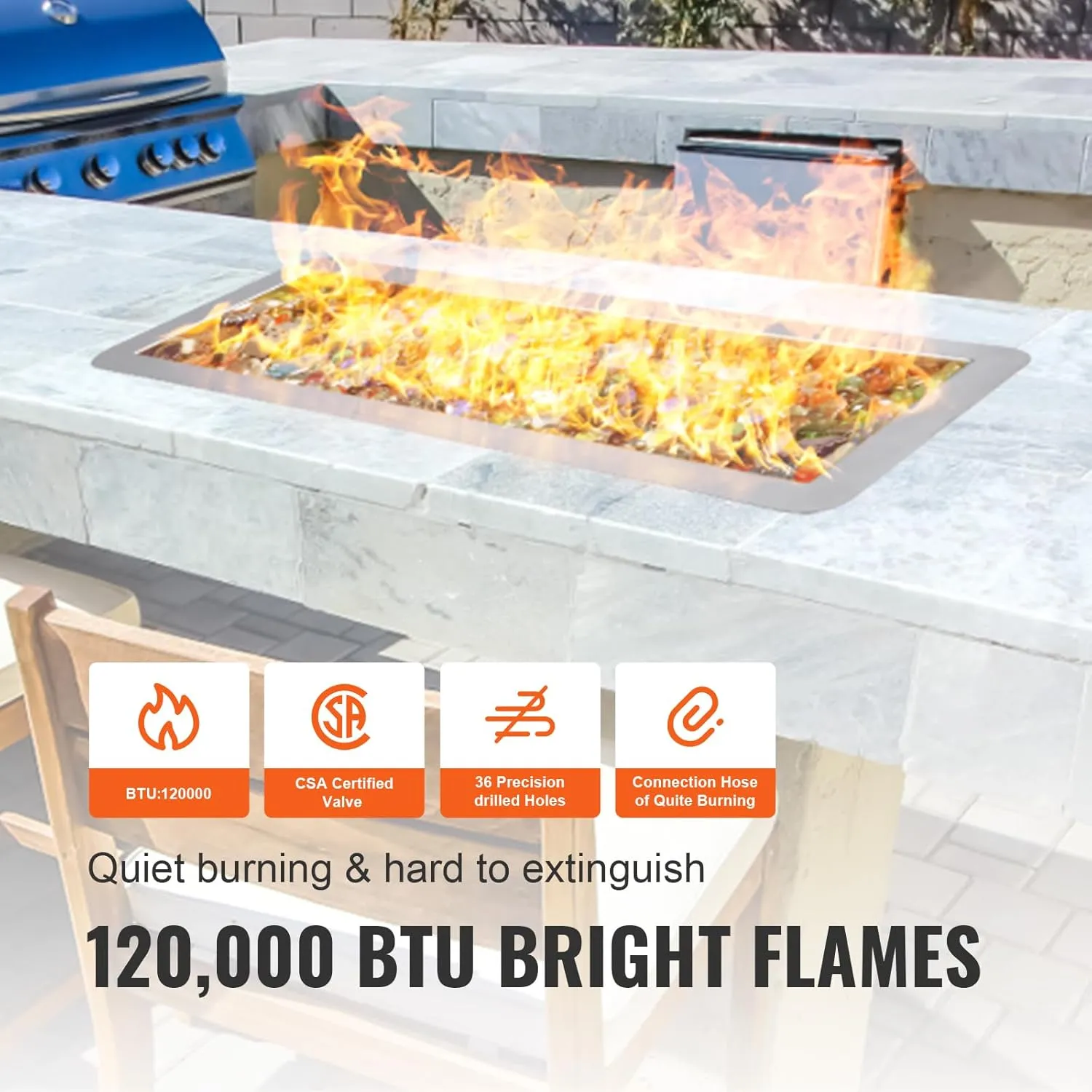 VEVOR 24 x 8 inch Drop-in Fire Pit Pan, Rectangular Stainless Steel Fire Pit Burner Kit, Propane Gas Fire Pan 120,000 BTU with H-Burner for Indoor or Outdoor Use