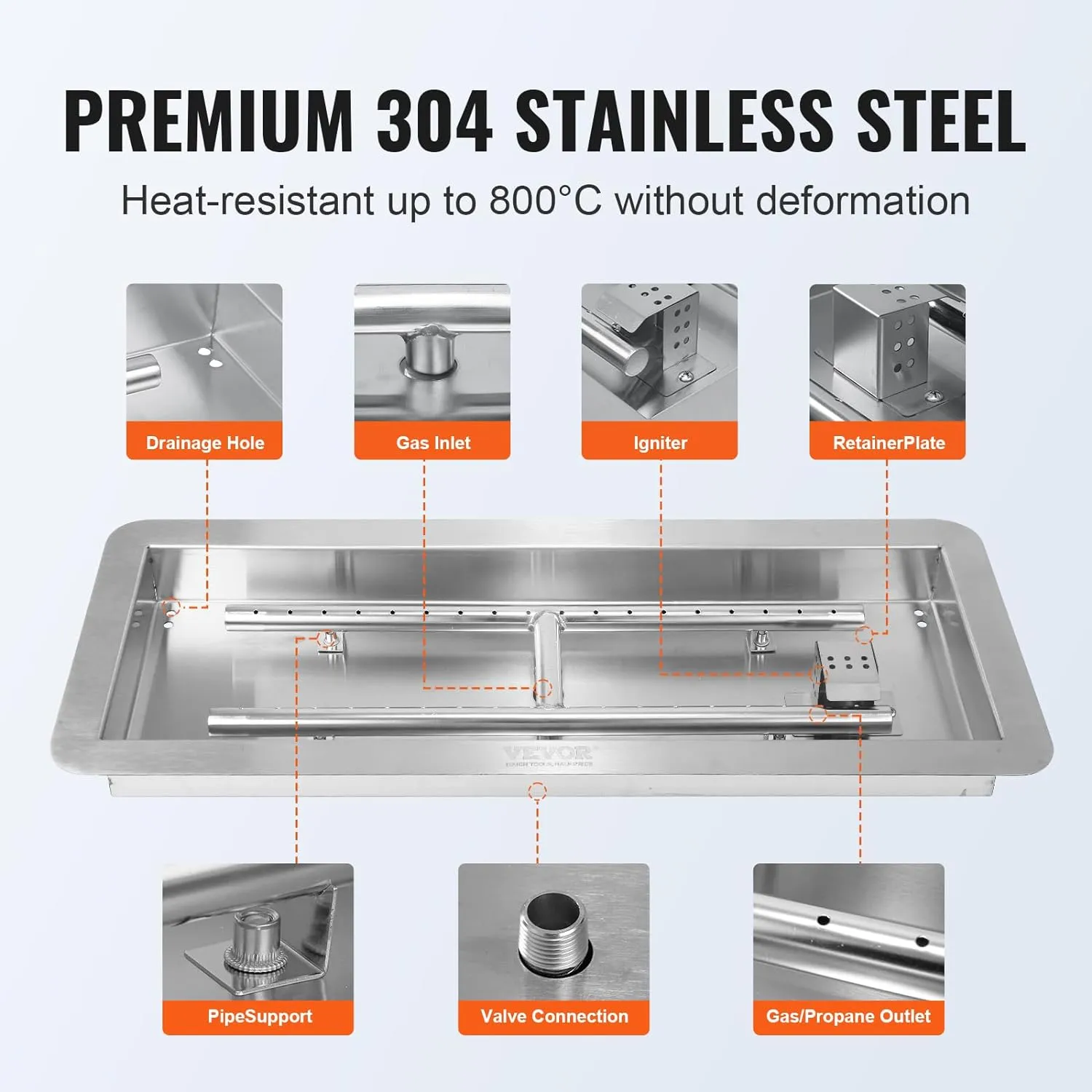 VEVOR 24 x 8 inch Drop-in Fire Pit Pan, Rectangular Stainless Steel Fire Pit Burner Kit, Propane Gas Fire Pan 120,000 BTU with H-Burner for Indoor or Outdoor Use
