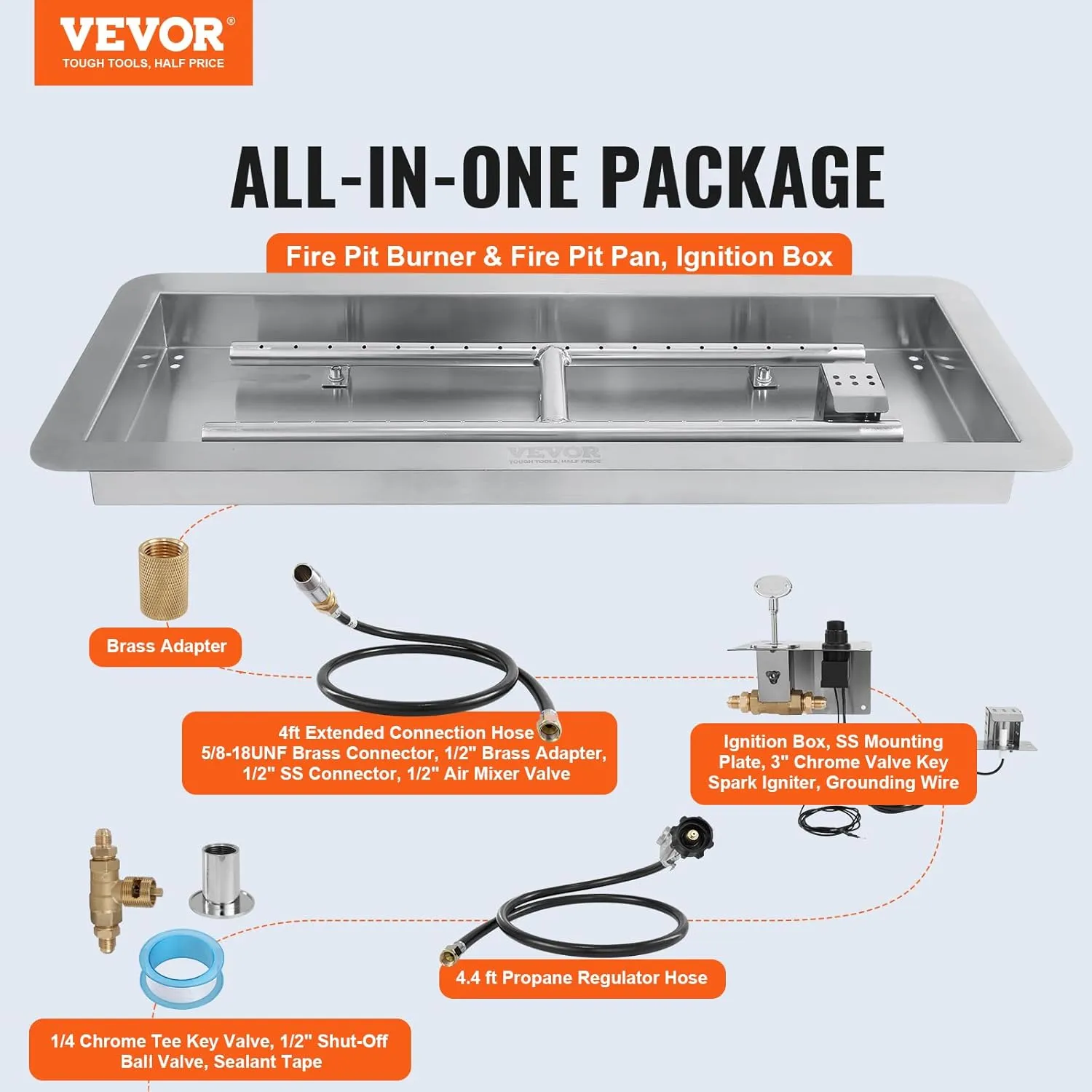 VEVOR 24 x 8 inch Drop-in Fire Pit Pan, Rectangular Stainless Steel Fire Pit Burner Kit, Propane Gas Fire Pan 120,000 BTU with H-Burner for Indoor or Outdoor Use