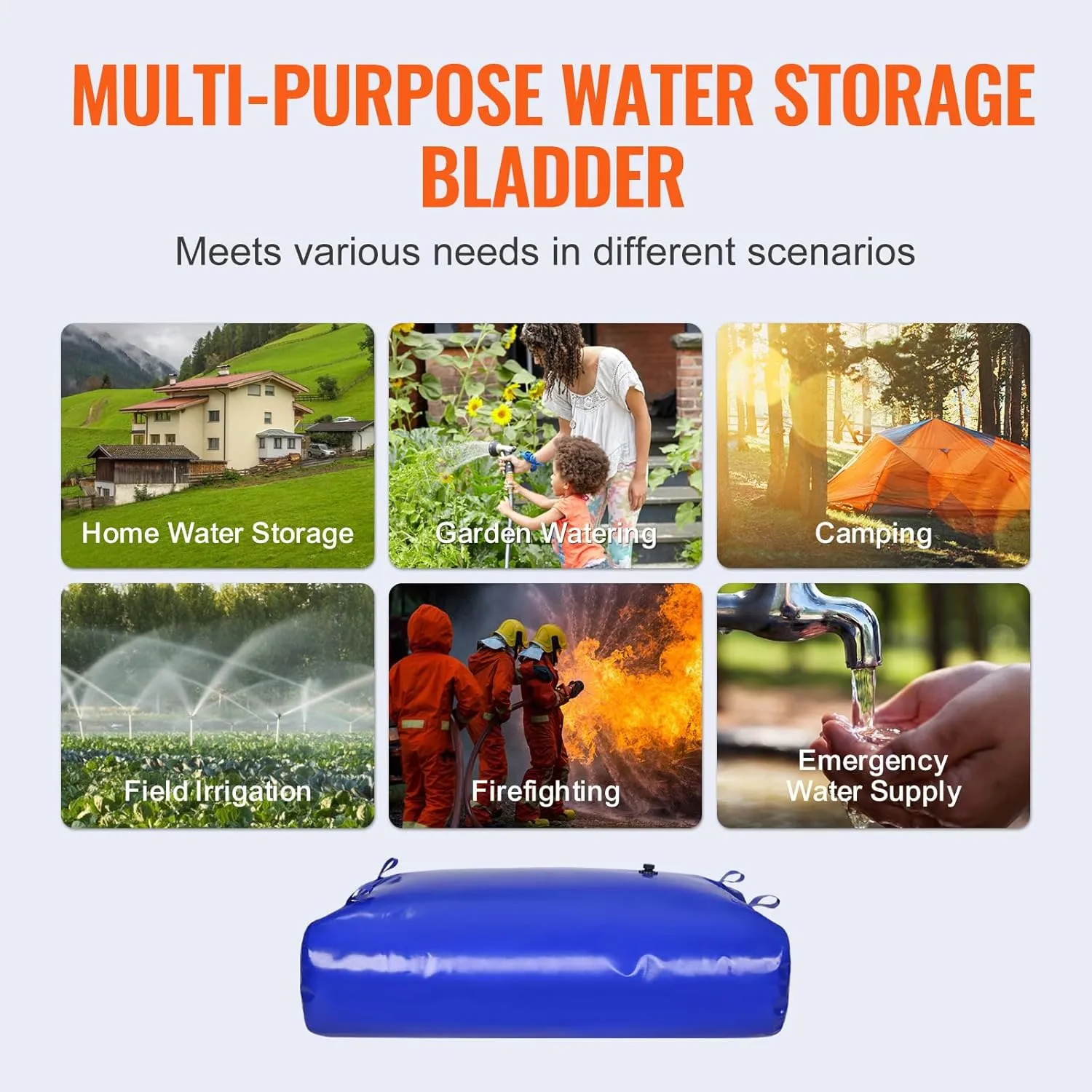 VEVOR 540L/142.7 Gallon Water Storage Bladder, RV Water Tank, 1000D Blue PVC Collapsible Water Storage Containers, Large Capacity Soft Water Bag, Portable Water Bladder, Fire Prevention, Camping
