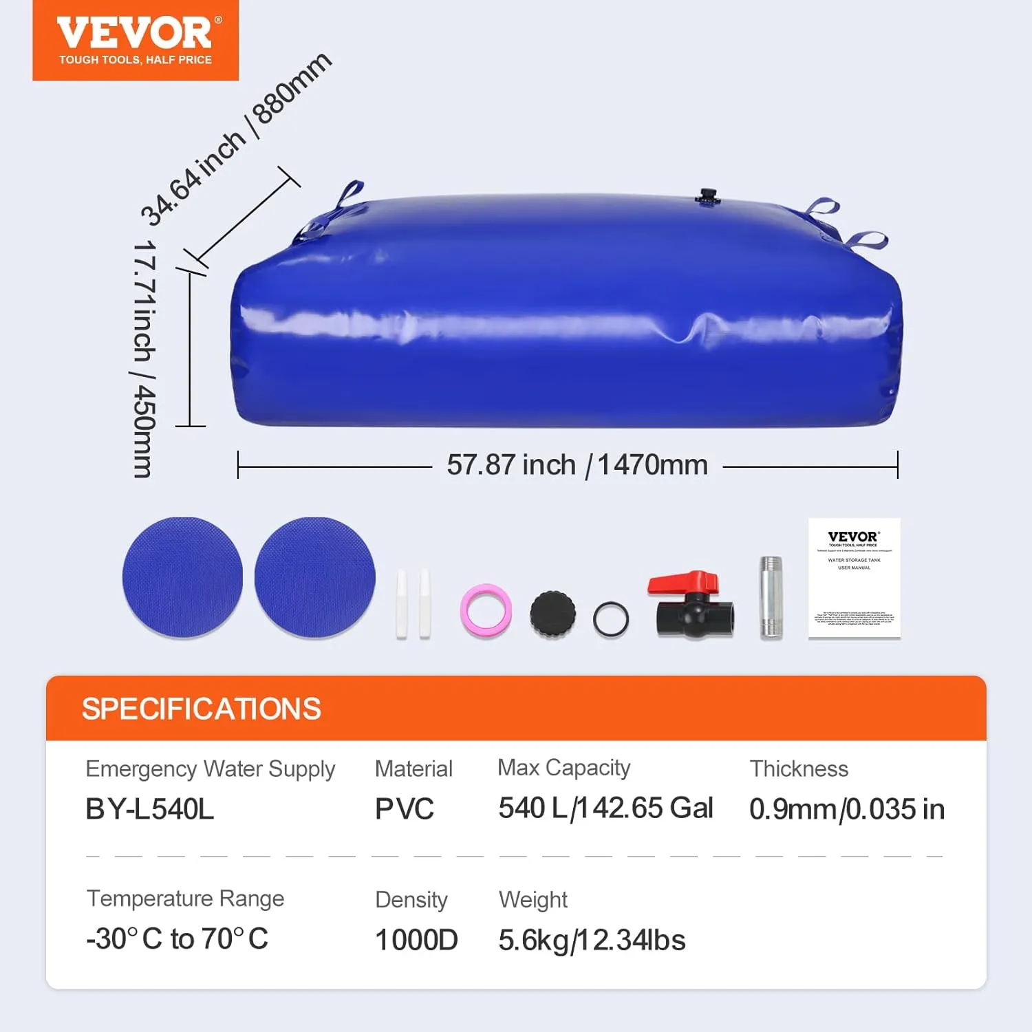 VEVOR 540L/142.7 Gallon Water Storage Bladder, RV Water Tank, 1000D Blue PVC Collapsible Water Storage Containers, Large Capacity Soft Water Bag, Portable Water Bladder, Fire Prevention, Camping