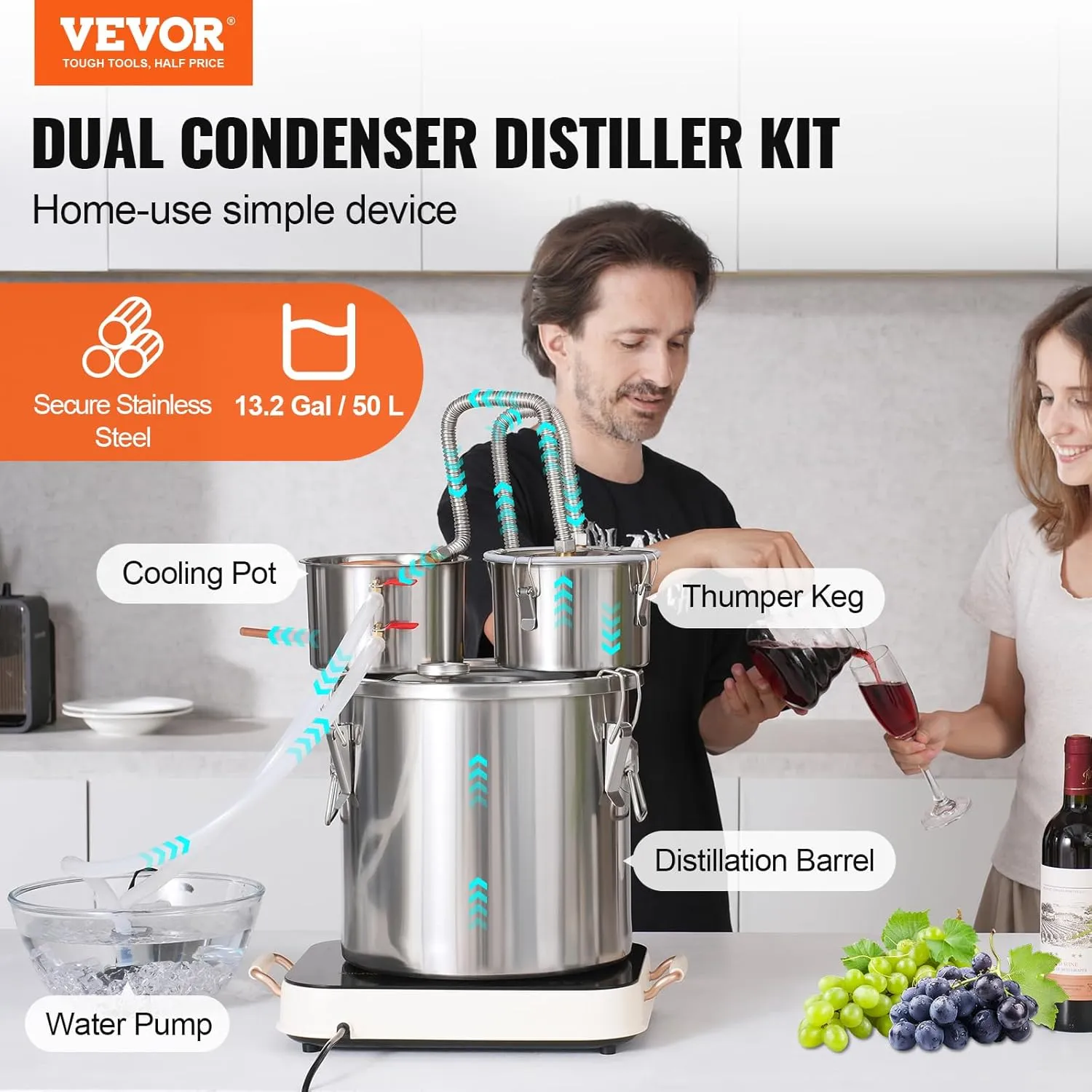 VEVOR Alcohol Still with Thumper Keg, 13.2Gal / 50L Alcohol Distiller, Distillery Kit for Alcohol with Copper Tube, Build-in Thermometer & Water Pump for Wine Whisky Brandy