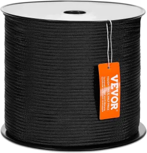 VEVOR Braided Nylon Rope, 3/16 in x 1000 ft, 32 Strands, 720 LBS Breaking Strength, Black