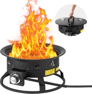VEVOR Portable Propane Fire Pit, 19-Inch Diameter Outdoor Gas Fire Pit with Cover & Lava Rocks, Adjustable Flame Height Camping Firepit for Heating, Lighting, Gathering, 58,000 BTU, Black