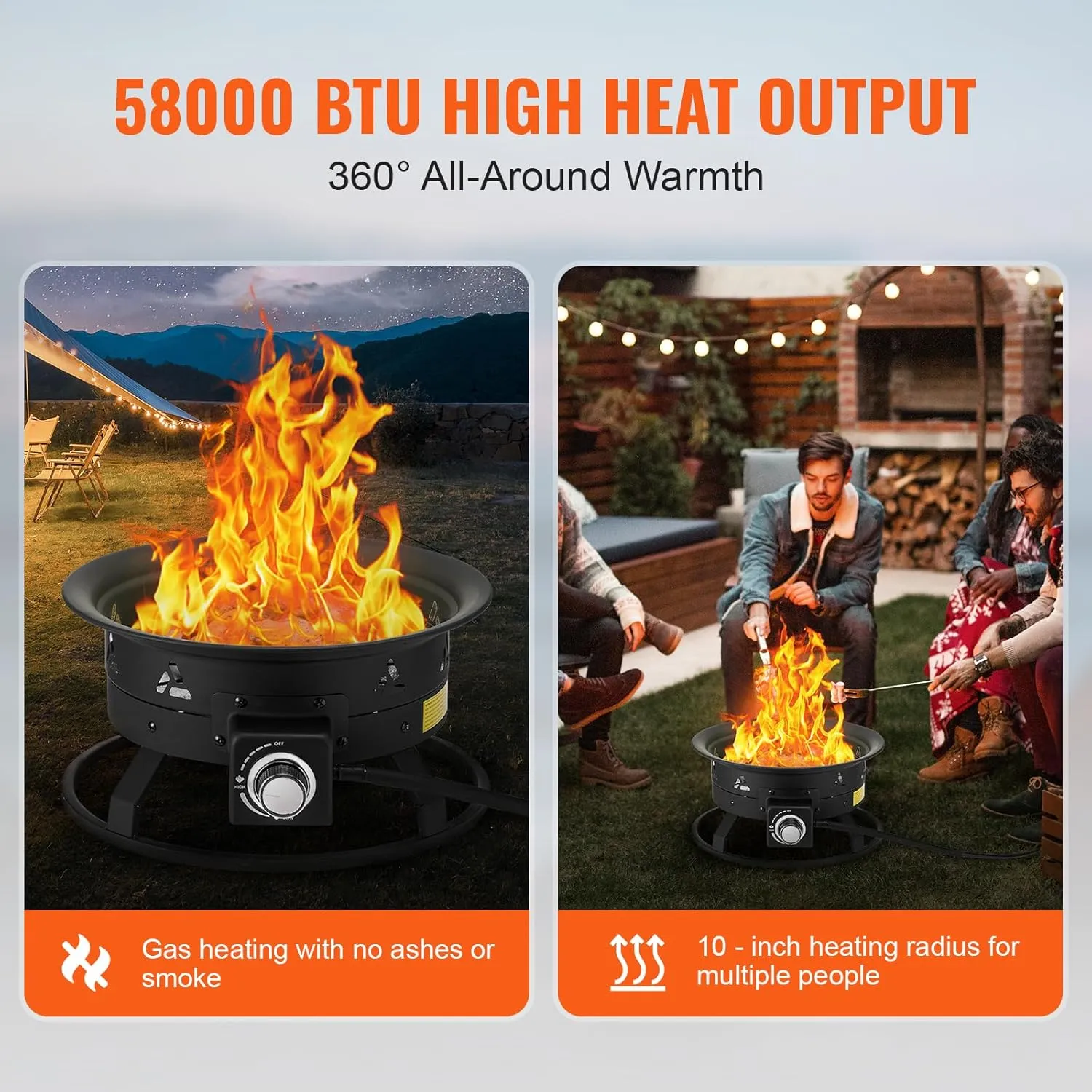 VEVOR Portable Propane Fire Pit, 19-Inch Diameter Outdoor Gas Fire Pit with Cover & Lava Rocks, Adjustable Flame Height Camping Firepit for Heating, Lighting, Gathering, 58,000 BTU, Black